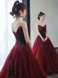 Vintage Ball Gown Strapless Burgundy Tulle Evening Dress Prom Dress HZ1024