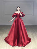 Vintage Ball Gown Off The Shoulder Burgundy Satin Evening Dress Prom Dress HZ1024