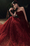 Burgundy Tulle Long Lace Prom Dresses, Wine Red Tulle Long Lace Formal Evening Dress HZ1024