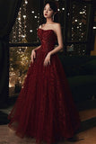 Burgundy Tulle Long Lace Prom Dresses, Wine Red Tulle Long Lace Formal Evening Dress HZ1024