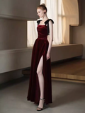 Simple A Line Burgundy Velvet Long Prom Dresses HZ1024