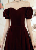 Vintage A Line Off The Shoulder Burgundy Velvet Evening Dress Prom Dress HZ1024