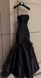 Simple Mermaid Strapless Sleeveless Black Satin Long Prom Dress HZ1024