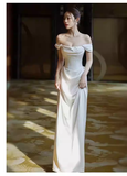Vintage A line Off The Shoulder White Long Satin Wedding Dresses HZ1024