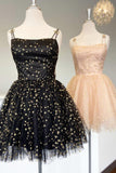 Straps Pink A-Line Tulle Homecoming Dress With Gold Stars HZ1024