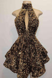 Halter Sequin Homecoming Dresses Short Sparkly Glitter Cutout Mini Backless Tight Bodycon HZ1024