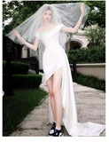 Vintage High Low Off The Shoulder White Satin Wedding Dresses HZ1024