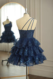Dark Navy One Shoulder Appliques Multi-Layers Tulle Homecoming Dress HZ1024