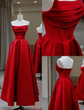 A line Strapless Red Satin Sleeveless Long Prom Dress HZ1024