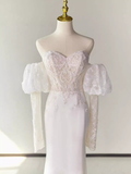 Fairytale Mermaid Strapless Lace White Long Wedding Dresses HZ1024
