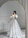 Fairytale Mermaid Short Sleeves White Off The Shoulder Sequin Wedding Dress HZ1024