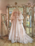 Fairytale A line Off The Shoulder Long Sleeves Pink Tulle Wedding Dress HZ1024