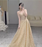 Sexy A Line High Neckline Sleeveless Sequin Long Prom Dress HZ1024