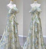 Elegant A Line Halter Chiffon Ombre Green Long Prom Dresses HZ1024