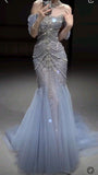 Elegant Mermaid Off The Shoulder Blue Tulle Prom Dresses HZ1024