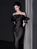 Modest Mermaid Straps Black Satin Long Prom Dresses HZ1024