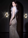 Sexy Mermaid Straps Sequin Long Evening Dress Feather Prom Dress HZ1024