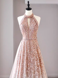 Sexy A Line High Neckline Sequin Long Evening Dress Beads Prom Dress HZ1024