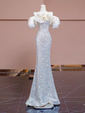 Modest Mermaid Off The Shoulder Sequin Long Evening Dress Beads Prom Dress HZ1024