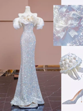 Modest Mermaid Off The Shoulder Sequin Long Evening Dress Beads Prom Dress HZ1024