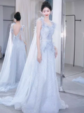 Fairytale Mermaid Straps Gray Sequin Long Evening Dress Beads Prom Dress HZ1024