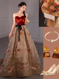Fairytale Ball Gown Strapless Burgundy Sequin Long Evening Dress Prom Dress HZ1024