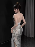 Sexy Mermaid One Shoulder Silver Sequin Long Prom Dress HZ1024