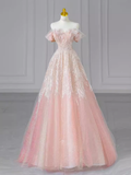 Fairytale A line Off The Shoulder Pink Sequin Beads Long Evening Dress Prom Dresses HZ1024