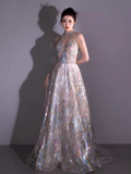 Fairytale A line High Neckline Sequin Beads Long Evening Dress Prom Dresses HZ1024