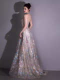 Fairytale A line High Neckline Sequin Beads Long Evening Dress Prom Dresses HZ1024