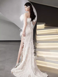 Fairytale Mermaid Strapless Sequin Beads Long Evening Dress Slit Prom Dresses With Feathers HZ1024