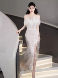 Fairytale Mermaid Strapless Sequin Beads Long Evening Dress Slit Prom Dresses With Feathers HZ1024