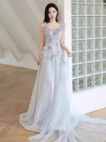 Fairytale A line Straps Sequin Beads Long Evening Dress Prom Dresses With Flowers HZ1024