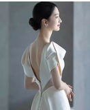 Simple Mermaid V neckline Short Sleeves White Satin Wedding Dresses HZ1024
