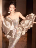 Sexy Mermaid Strapless Sequin Long Prom Dresses With Sleeves HZ1024