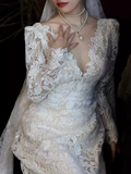 Chic A line V Neckline Lace White Wedding Dress With Long Sleeves HZ1024