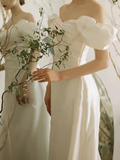 Chic A line Off The Shoulder White Wedding Dress With Short Sleeves HZ1024