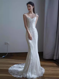 Vintage Mermaid Straps Lace White Wedding Dress Brides Dresses HZ1024