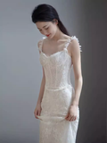 Vintage Mermaid Straps Lace White Wedding Dress Brides Dresses HZ1024