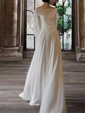 Chic A line Off The Shoulder Lace White Wedding Dress With Long Sleeves HZ1024