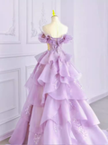 Fairy Ball Gown Off The Shoulder Lace Lilac Long Prom Dress HZ1024