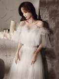 Princess A Line Off The Shoulder Tulle White Long Wedding Dresses HZ1024