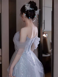 Sexy A line Off The Shoulder Tulle Gray Long Prom Dresses HZ1024