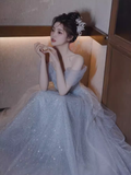 Sexy A line Off The Shoulder Tulle Gray Long Prom Dresses HZ1024