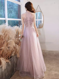 Pretty A Line High Neckline Tulle Pink Long Prom Dresses HZ1024
