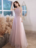 Pretty A Line High Neckline Tulle Pink Long Prom Dresses HZ1024