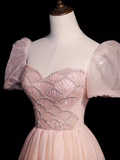 Pretty A Line Sweetheart Tulle Pink Beads Long Prom Dresses HZ1024