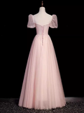 Pretty A Line Sweetheart Tulle Pink Beads Long Prom Dresses HZ1024