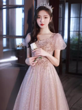 Pretty A Line Short Puffy Sleeves Pink Tulle Beads Long Prom Dresses HZ1024