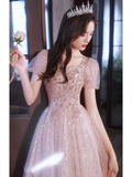 Pretty A Line Short Puffy Sleeves Pink Tulle Beads Long Prom Dresses HZ1024